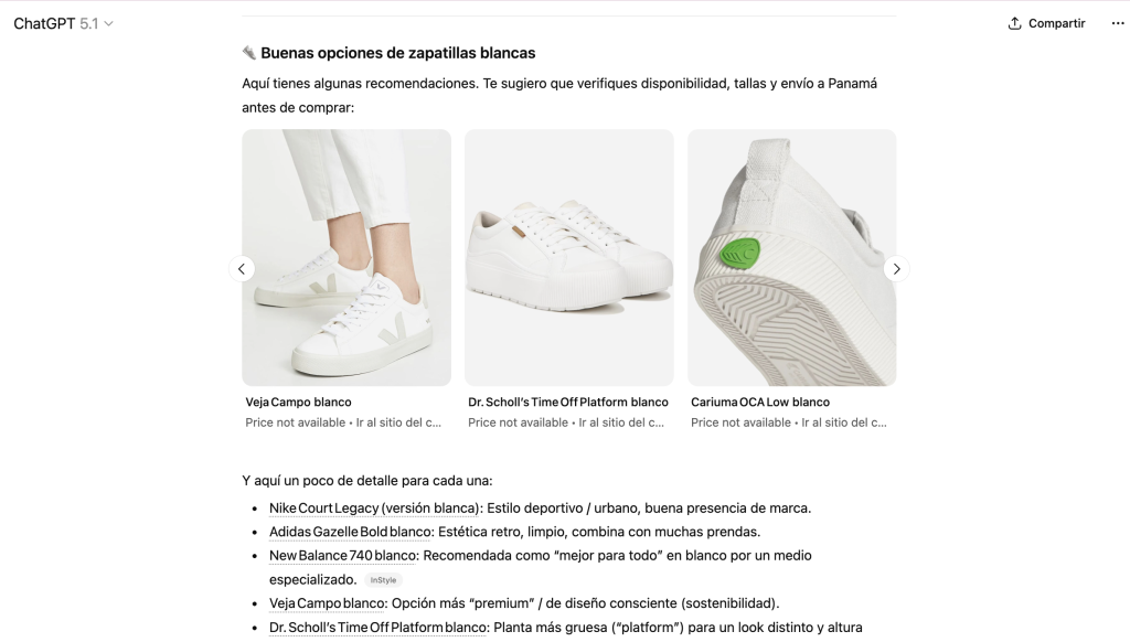 Vista de una sección de recomendaciones de zapatillas blancas dentro de una página de ChatGPT. Se muestran tres modelos: Veja Campo blanco, Dr. Scholl’s Time Off Platform blanco y Cariuma OCA Low blanco, cada uno con su imagen y texto descriptivo debajo. A la derecha aparecen controles de navegación del carrusel. Debajo de las imágenes hay una lista con descripciones de distintos modelos de zapatillas blancas.